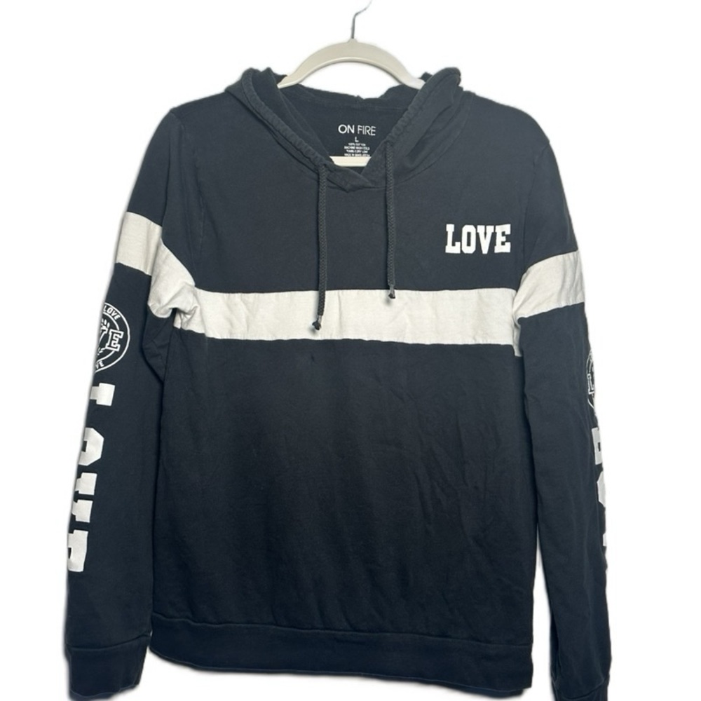 Black On Fire Sweatshirt Hoodie with White Stripe and‎ LOVE size Large FLAW